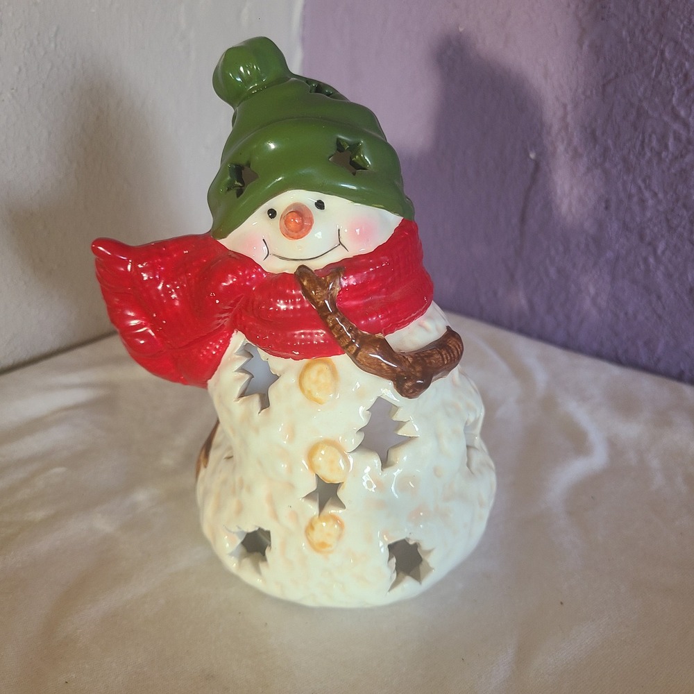 Hallmark Jan Karon Christmas Snowman Tea Light Candle Holder 5.5" White Ceramic